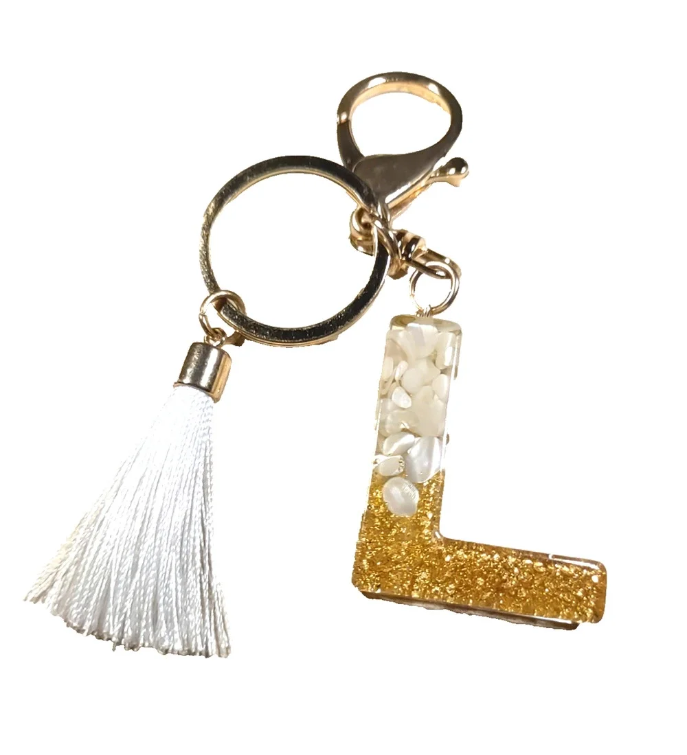 Keychain Purse Clip Initial L Gold Tone White Tassel Acrylic
